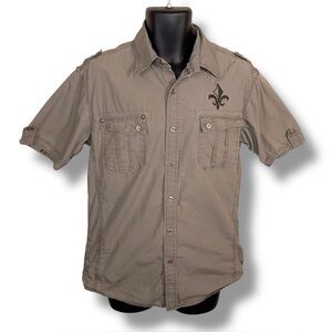 Medium 7 Diamonds Light Beige Greyish Button Up Shirt Fleur De Lis Cotton